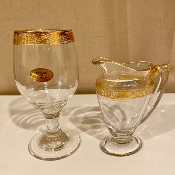 Vintage Wine Goblet & Carafe Set with Gold Leaf Band, Made in Italy, Elegant Déc - Picture 7 of 7